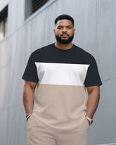Men's Plus Size Light Khaki & White Navy Blue Colorblock Fashion Round Neck Short Sleeve T-Shirt Shorts Suit